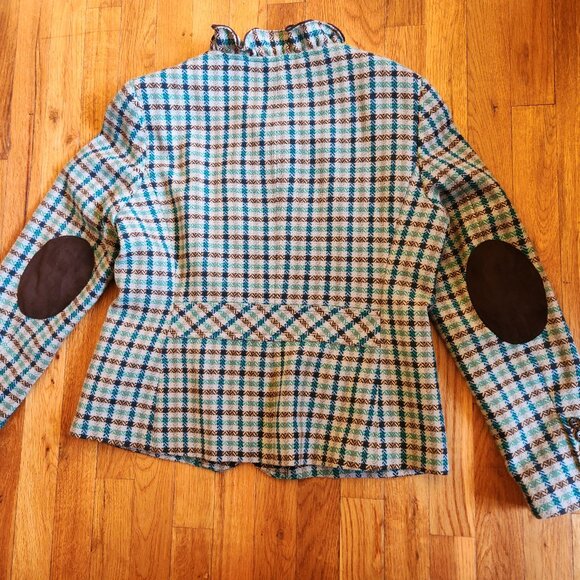 Talbots Brown/Teal Tweed Plaid Ruffled Blazer Elbow Patches Wool Blend Size 12P - Picture 11 of 12